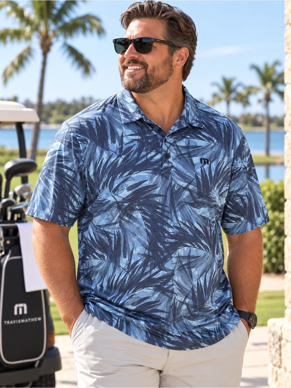 Travis Mathew Forest Reserve Polo Dream Blue Palm Leaf Golf Shirt XXL #221